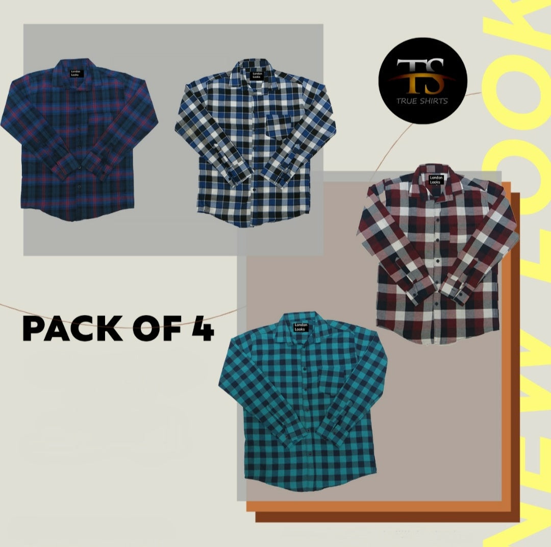 4 Men's Check Cotton Blended Shirts